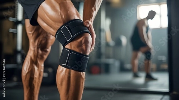 Fototapeta Man putting knee brace to support painful leg. Athlete bodybuilder leg wearing knee support brace, elastic kneecap bandage. Sleeve for compression. Health problems and pain,created with generative ai