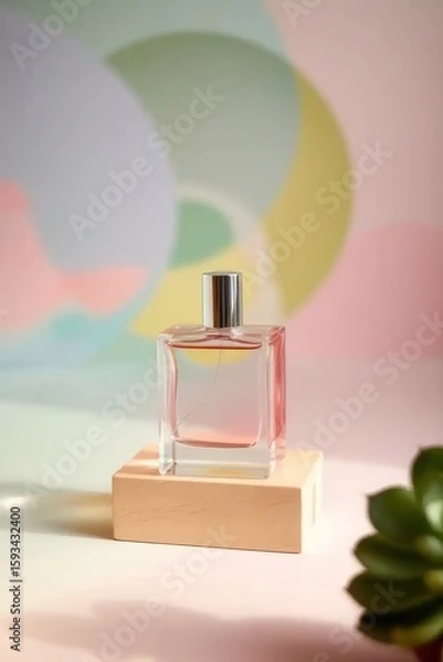 Fototapeta Sophisticated perfume bottle on a wooden base with an artistic backdrop