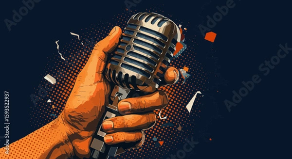 Fototapeta Vintage Microphone in Hand with Colorful Abstract Background Illustration
