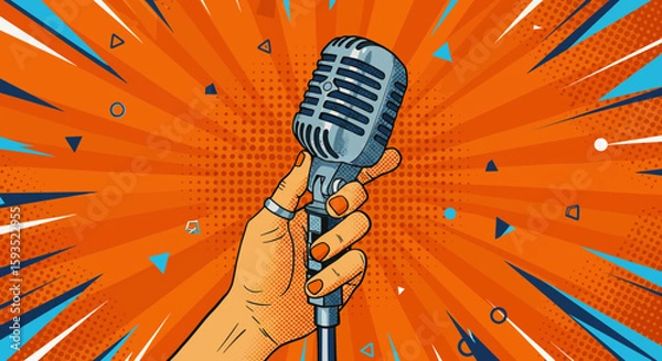 Fototapeta Pop art style illustration of a hand holding a vintage microphone with burst background