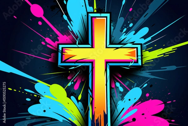 Fototapeta 2D vector illustration. Holy Cross, illustration style, graffiti style, wild and vibrant natural style.