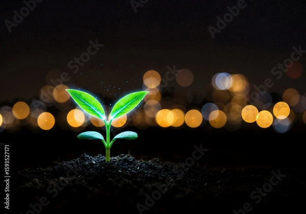 Fototapeta A vibrant green seedling sprouts from rich soil, highlighted against a blurred background of glowing city lights.