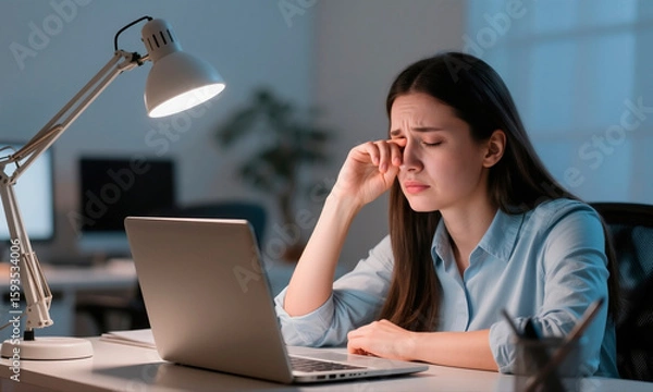 Fototapeta Tired woman sits at desk with laptop, closing dry or irritated eyes, rub nose bridge to reduce pain
