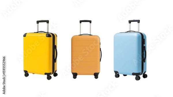 Fototapeta Colorful standing travel suitcases front view with handles and spinner wheels hard shell compact luggage for holiday vacation or business isolated on transparent background