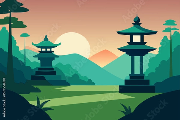 Obraz Serene japanese garden with pagodas at sunset