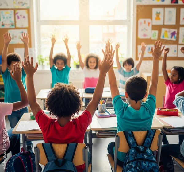 Fototapeta Back View Of Elementary Students Raising Their Arms On A Class