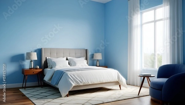 Fototapeta Serene blue bedroom with natural light showcases comfort and minimalist interior design style.