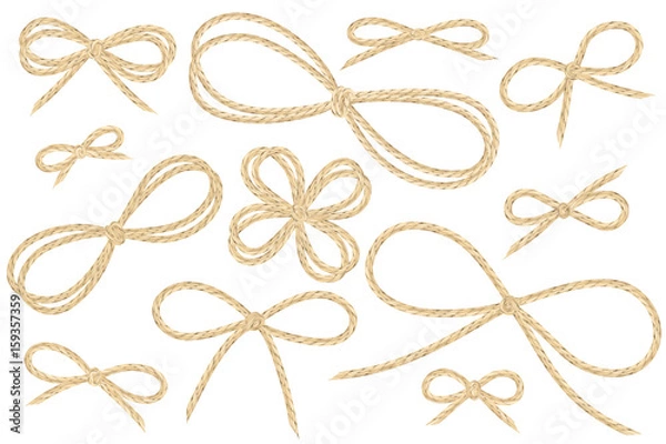Obraz Linen string bow set. Large variety of vector ribbon illustrations from flax twine material.