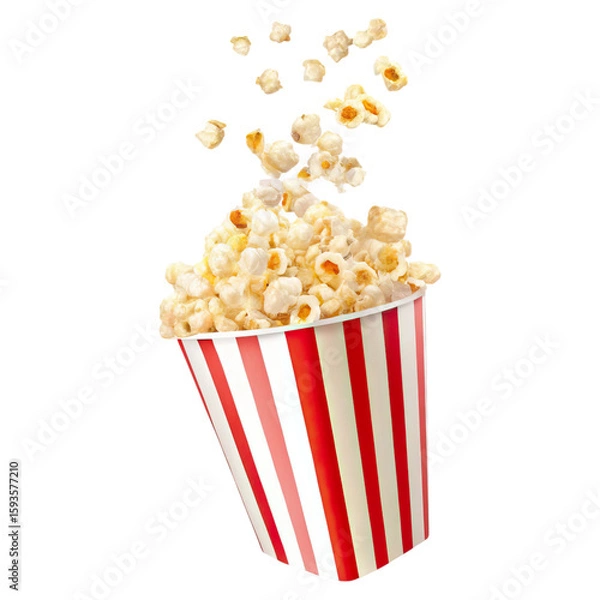 Fototapeta Popcorn bursting from red white striped paper box concept. Delicious popcorn bursting from a classic red and white container.