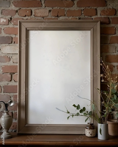 Fototapeta Create a realistic and intricately detailed mockup sign displayed in an aged wooden frame, set against a rustic brick wall. Highlight the texture of the wood grain and the subtle play of light and sha