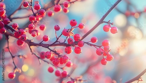 Obraz Close-up of vibrant red berries on branches, soft pastel background