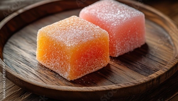 Obraz Two sugared, square, fruit-flavored jellies on a wooden plate