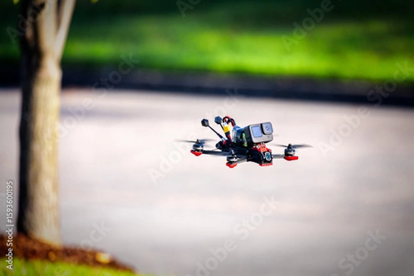 Fototapeta FPV quadcopter flying in a park with an action camera. This is a 5 inch racing drone.