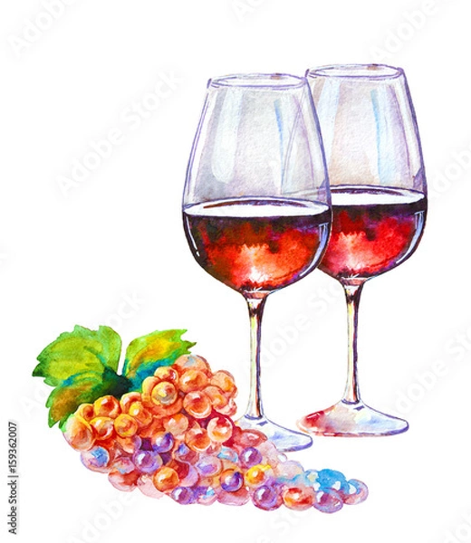 Obraz Glass of red wine isolated on white background. Picturesque drawing