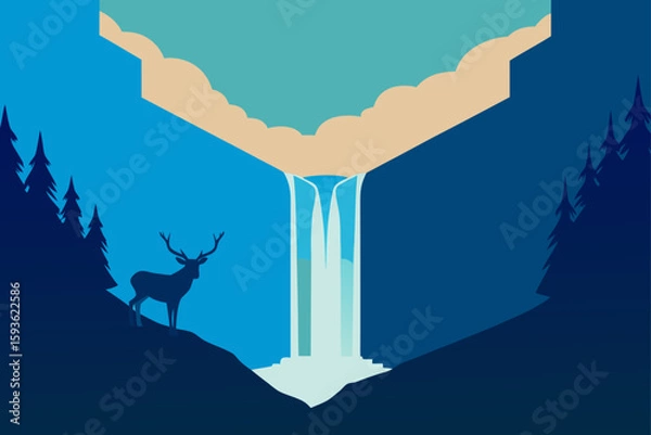 Obraz Majestic waterfall scene with a deer in a stylized forest