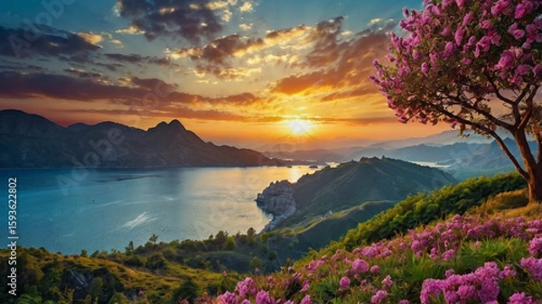 Fototapeta mountain landscape with lake and mountains Aerial view of beautiful tropical beach with palm trees at sunset time