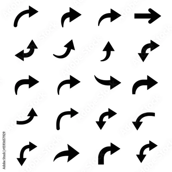 Obraz A collection of twenty black arrow icons pointing in various directions, including straight, curved, and angled orientations on a white background.