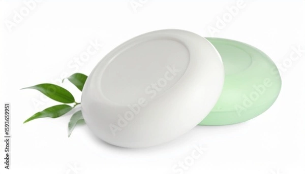 Obraz Round Bar Soap with Greenery on White Background, Natural Skincare and Organic Beauty Product