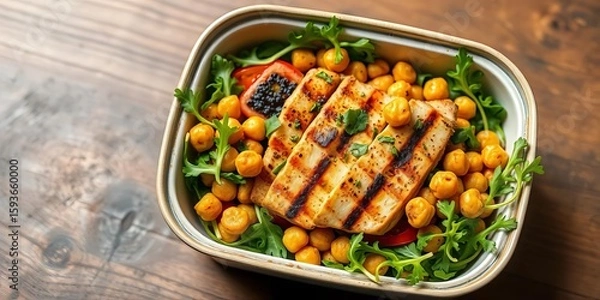 Fototapeta Grilled chicken & spicy chickpea warm salad in a lunch box with arugula and tomato,   ingredients,   diet
