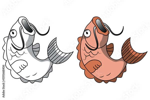 Fototapeta Illustration of Playful Cartoon Fish in Colorful and Black-and-White Versions