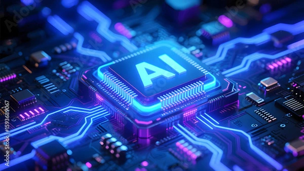 Fototapeta Advanced Artificial Intelligence Microchip with Glowing Blue Circuitry on Black Motherboard Technology Background