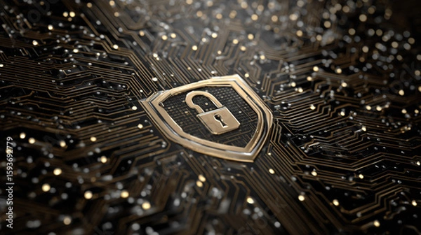 Fototapeta Data Privacy Shield Icon - Padlock Inside Circuit Shield