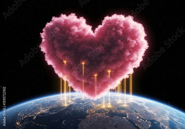 Fototapeta Heart cloud over planet earth global connection
