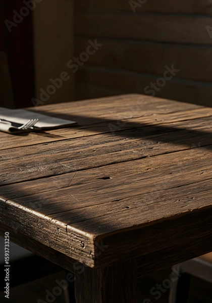 Fototapeta Rustic wooden table under sunlight