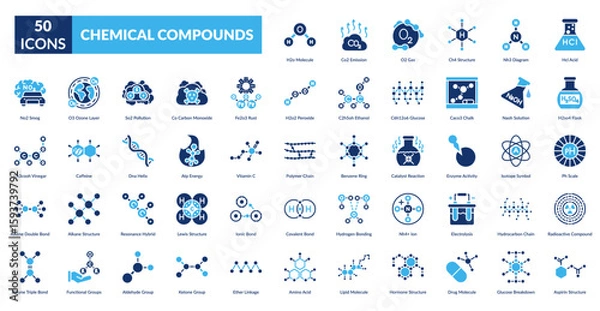 Fototapeta Chemical Compounds Fill Icon Set. H2O Molecule, Co2 Emission, O2 Gas, Ch4 Structure, Nh3 Diagram, Hcl Acid, H2So4 Flask