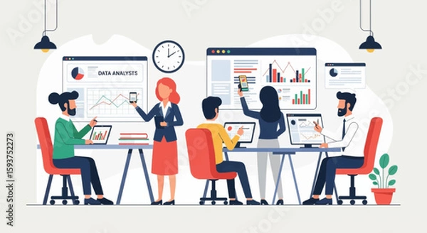 Fototapeta Data analysis team collaborating on charts and graphs, reviewing market trends in a bright, modern office environment.