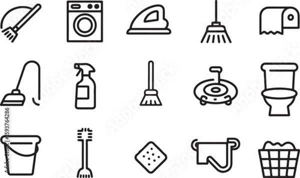 Fototapeta Collection of cleaning supplies and tools in a simple outline icon set