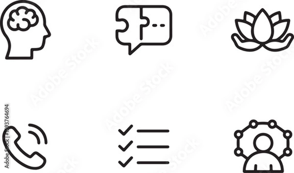 Fototapeta Set of six icons representing mental health and well being concepts