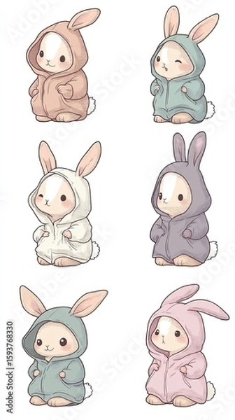 Fototapeta Cute cartoon rabbits in hooded sweatshirts, various pastel colors