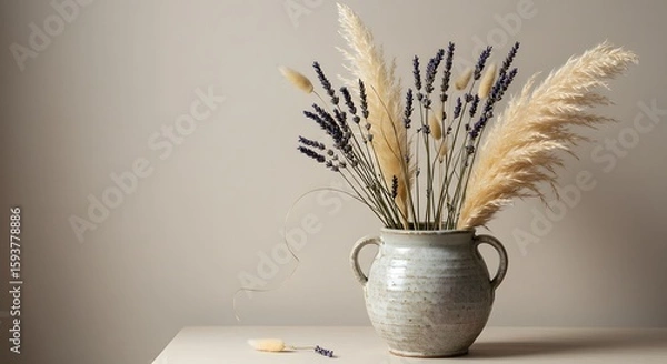 Fototapeta A rustic vase filled with lavender and pampas grass on a table against a neutral colored background