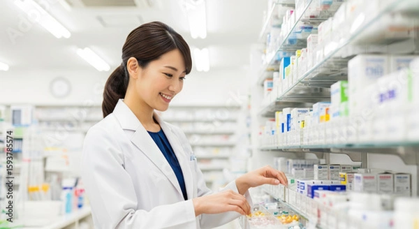 Obraz 調剤薬局で働くアジア人薬剤師