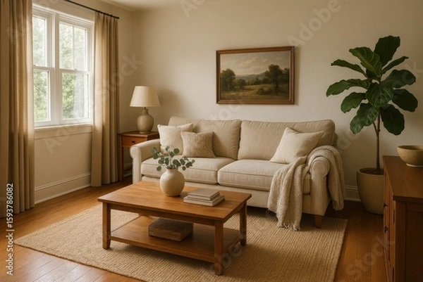 Fototapeta Cozy and Inviting Living Room with Natural Light and Simple Decor