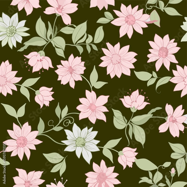 Fototapeta Elegant seamless floral pattern with delicate pink and white flowers on trailing green vines, set against a dark olive green background.