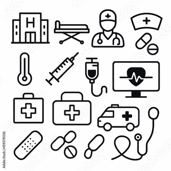Fototapeta Medical Icons Vector Illustration Set - Healthcare Outline Symbols and Elements for Design and Infographics