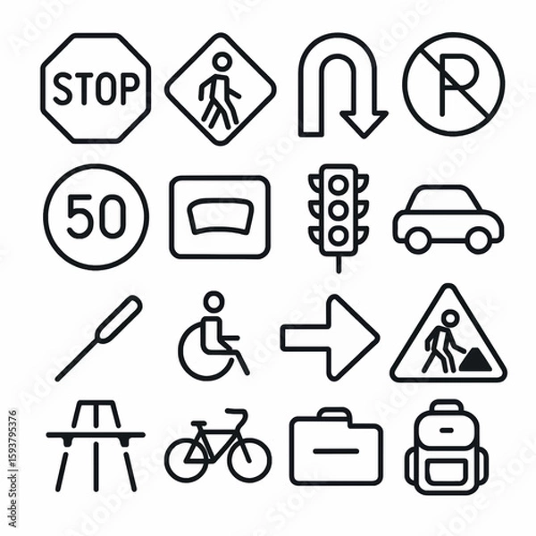 Fototapeta Collection of Simple Line Art Vector Icons for Transportation and Safety, ideal for website, apps and print