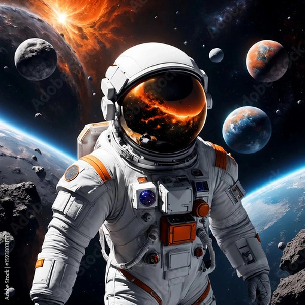 Fototapeta Astronaut in spacesuit. Astronaut floating in open space.
