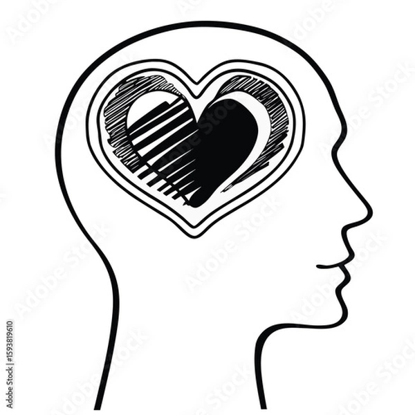 Obraz A stylized black and white drawing shows a human head profile. Inside the head, a heart shape is depicted, symbolizing emotions and mental state, rendered in a silhouette style.