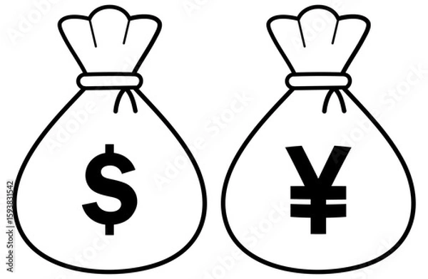 Fototapeta 金融・経済系に使えるお金袋の線画（ドルと円）
