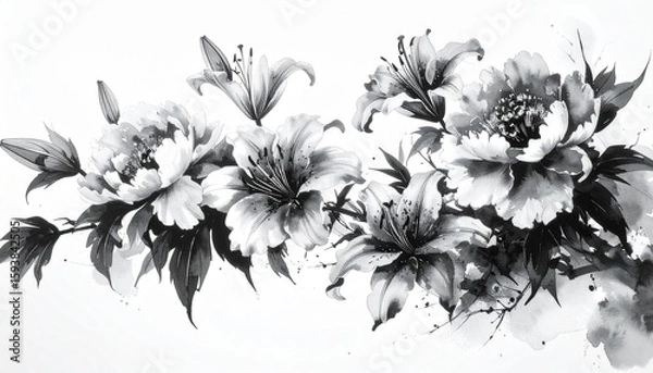 Fototapeta 墨絵で描く牡丹と百合の花の白黒画
