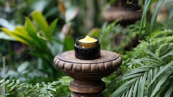 Fototapeta Round cream jar with yellow body balm inside and greenery in the background, highlighting facials, textures, color details, pastel tones.