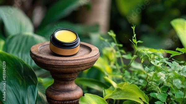 Fototapeta Round cream jar with yellow body balm inside and greenery in the background, highlighting facials, textures, color details, pastel tones.