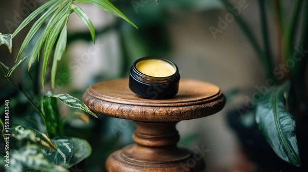 Fototapeta Round cream jar with yellow body balm inside and greenery in the background, highlighting facials, textures, color details, pastel tones.