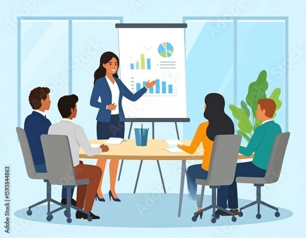 Fototapeta A businesswoman presents graphs and charts to colleagues in a modern meeting room with large windows and a plant.