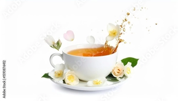 Fototapeta Tea splashing from a white teacup surrounded by jasmine and rose blossoms on a white background.