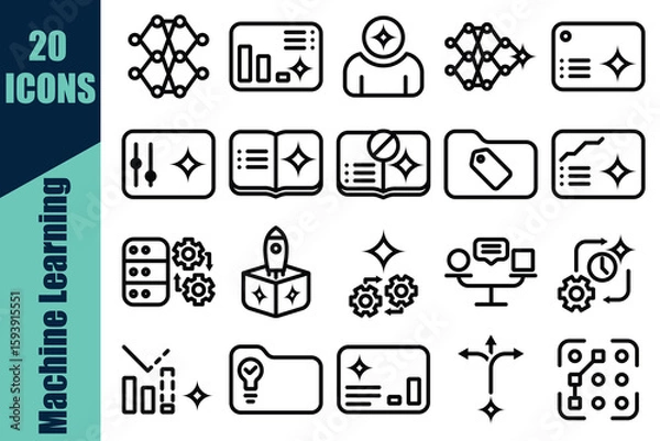 Fototapeta Machine Learning Icon Set – AI, Neural Network, Data Science, Algorithm, Artificial Intelligence, Big Data, Vector Line Icons