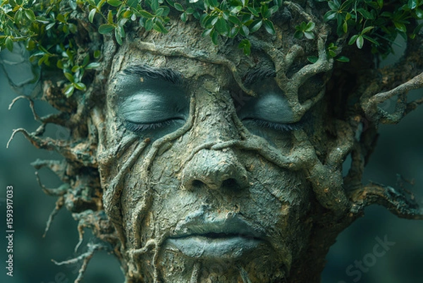 Fototapeta people of ai, face made of tree bark with branches and leaves growing out, eyes closed, mysterious look, fantasy, photorealistic